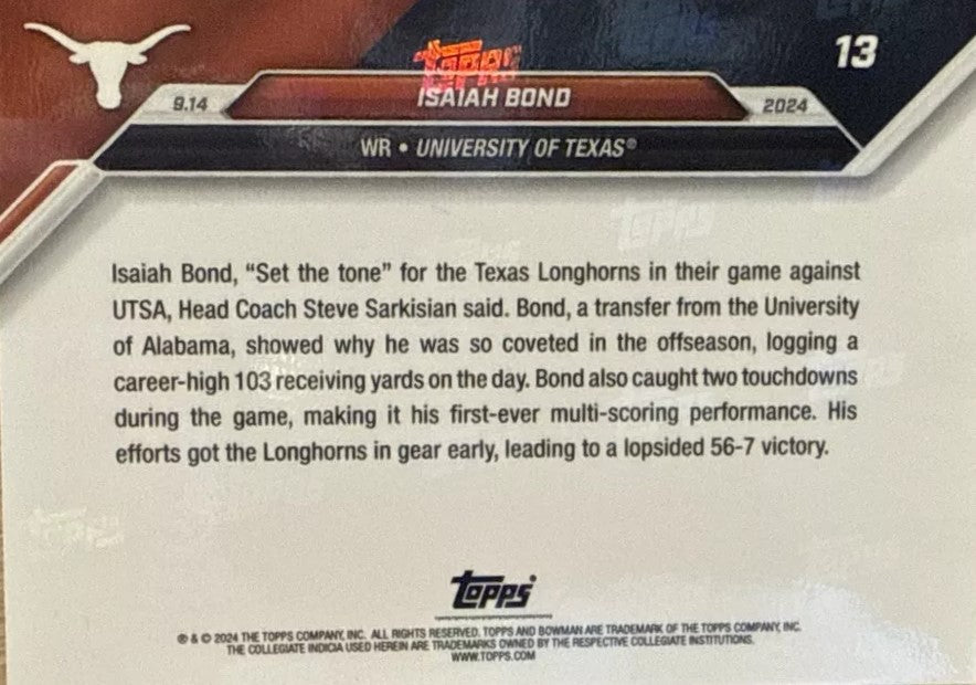 2024-topps-bowman-u-now-isaiah-bond-13-red-10-texas-longhorns-football-card