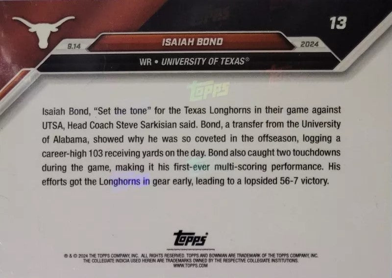 2024-topps-bowman-u-now-isaiah-bond-13-purple-25-texas-longhorns-football-card
