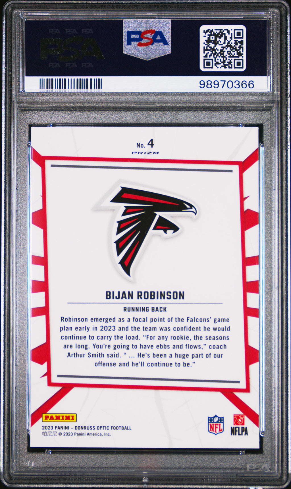 Graded 2023 Panini Donruss Optic Bijan Robinson #4 My House Rookie RC Football Card PSA 10 Gem Mint