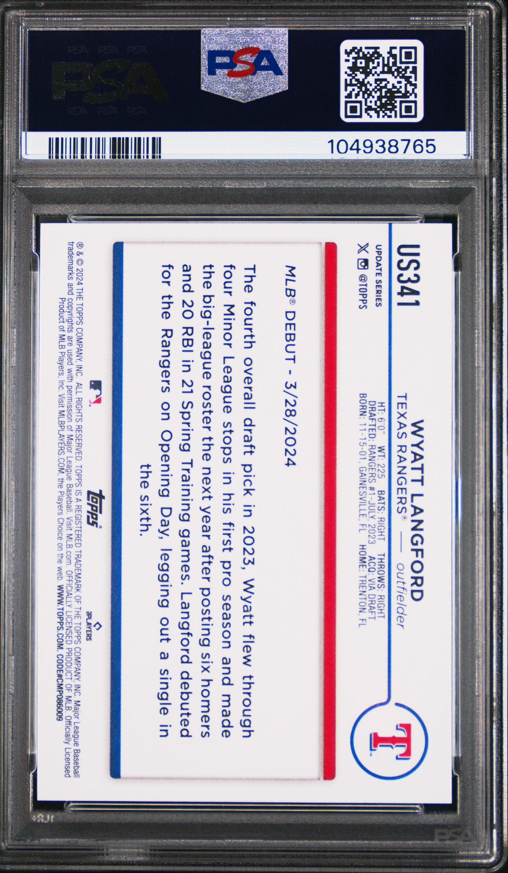 Graded 2024 Topps Update Wyatt Langford #US341 Rookie RC Baseball Card PSA 10 Gem Mint