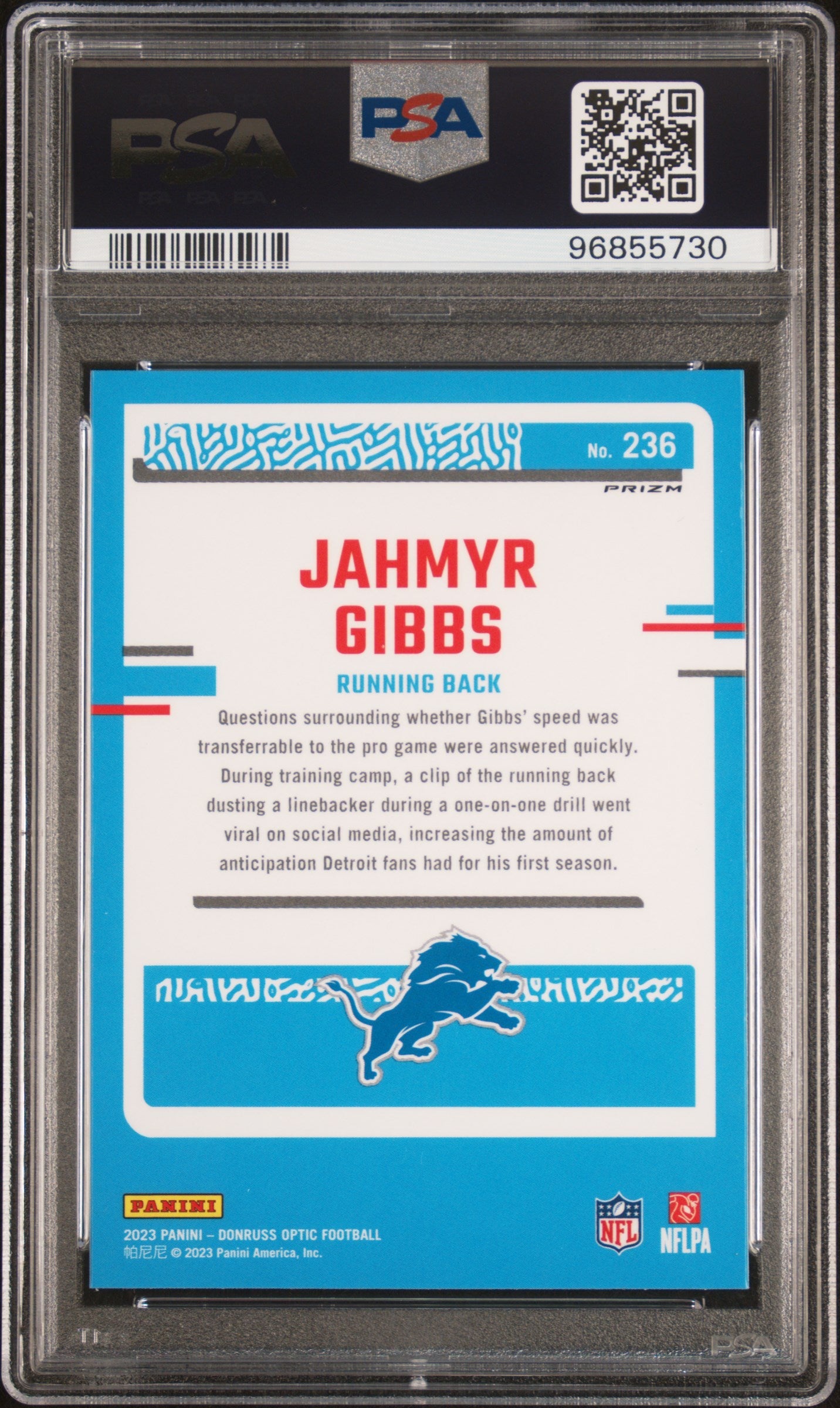 Graded 2023 Panini Donruss Optic Jahmyr Gibbs #236 Green Velocity Rookie RC Football Card PSA 10 Gem Mint